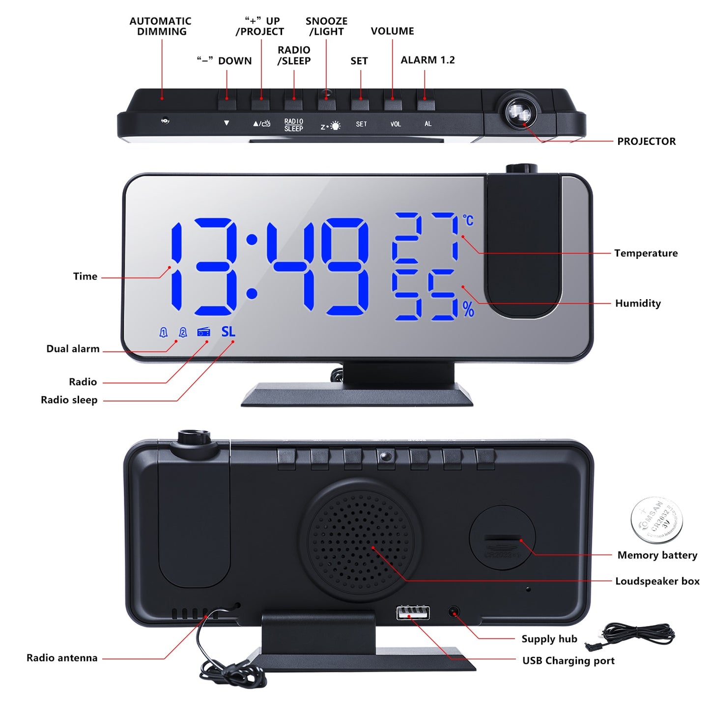 Radio LED Alarma. Reloj escritorio